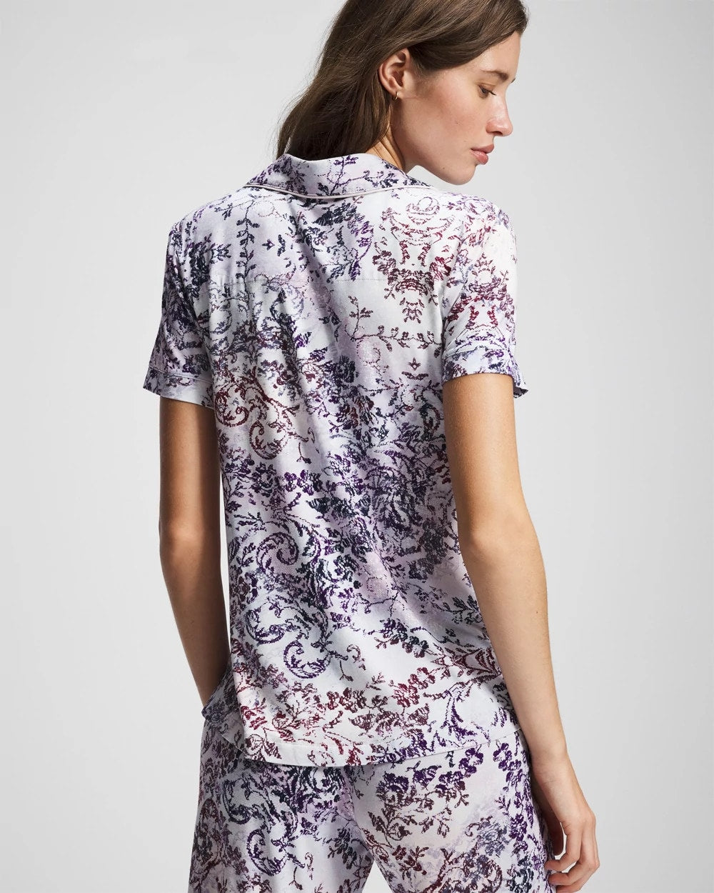Piped Short Sleeve Notch Collar Pajama Top - LACE HARMONY LILAC | Soma Women