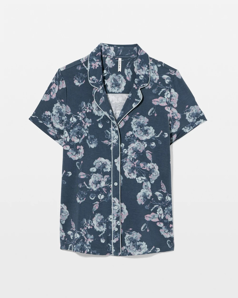 Piped Short Sleeve Notch Collar Pajama Top - FLORA SHIMMER PETROL | Soma Women