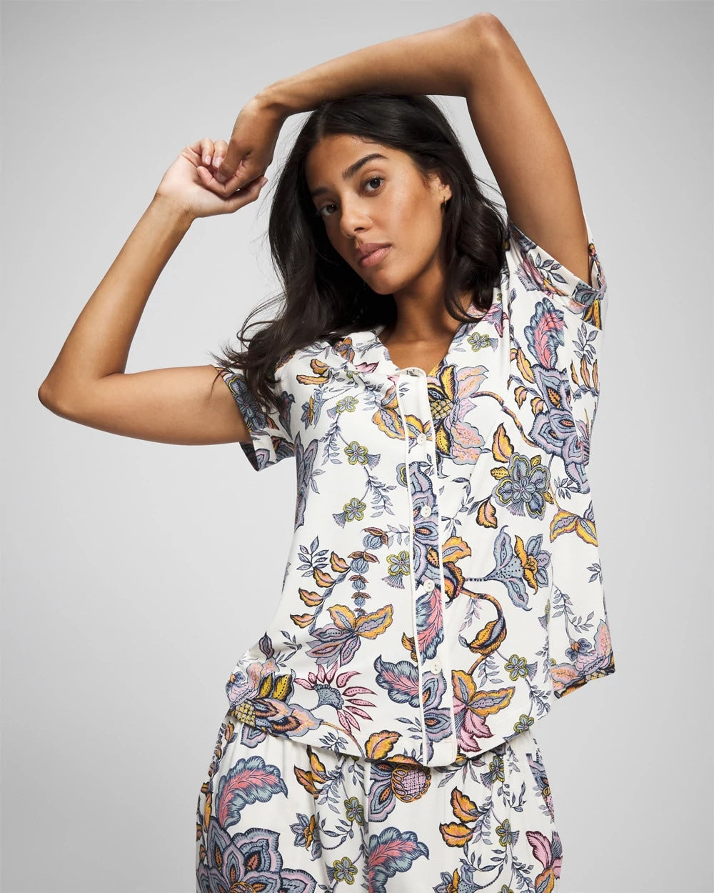 Piped Short Sleeve Notch Collar Pajama Top - PAISLEY SPLENDOR CHAMP | Soma Women