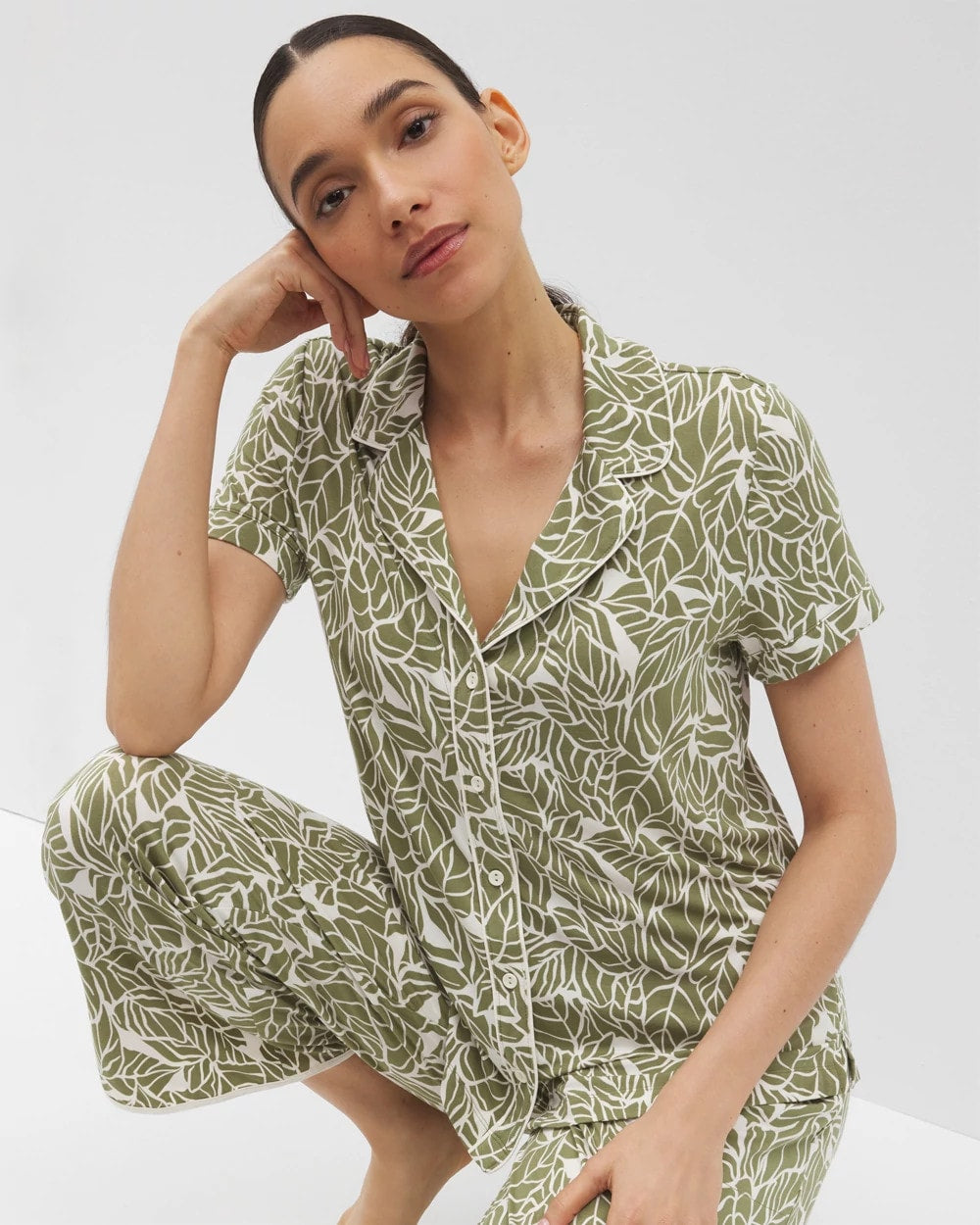 Piped Short Sleeve Notch Collar Pajama Top - PALMTASTIC VETIVER/CHAMP | Soma Women