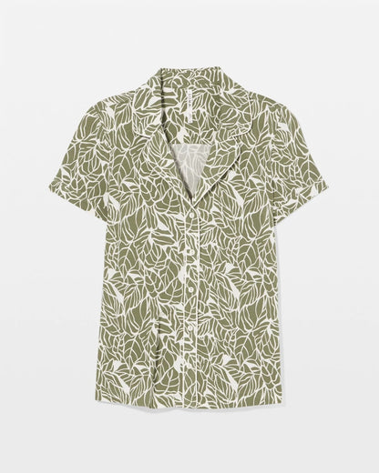 Piped Short Sleeve Notch Collar Pajama Top - PALMTASTIC VETIVER/CHAMP | Soma Women