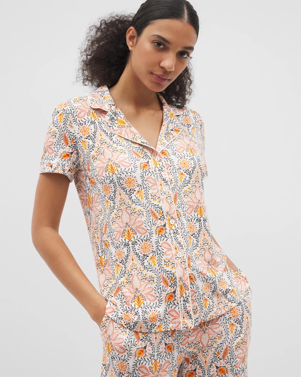 Piped Short Sleeve Notch Collar Pajama Top - VINE PAISLEY CHAMPAGNE M | Soma Women