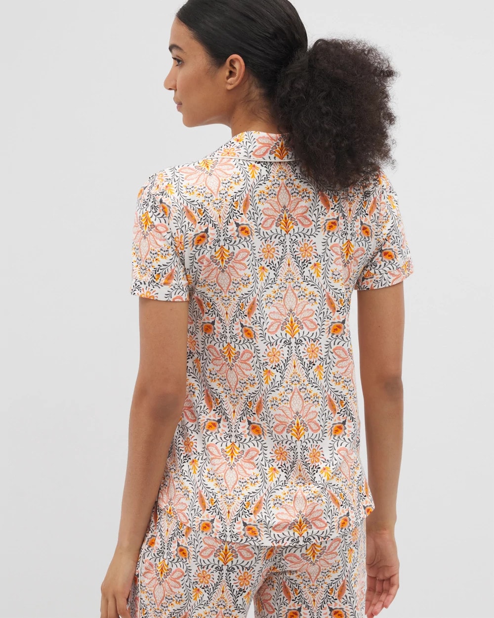 Piped Short Sleeve Notch Collar Pajama Top - VINE PAISLEY CHAMPAGNE M | Soma Women
