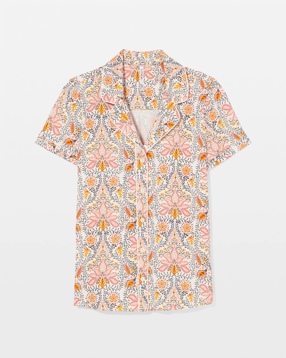Piped Short Sleeve Notch Collar Pajama Top - VINE PAISLEY CHAMPAGNE M | Soma Women