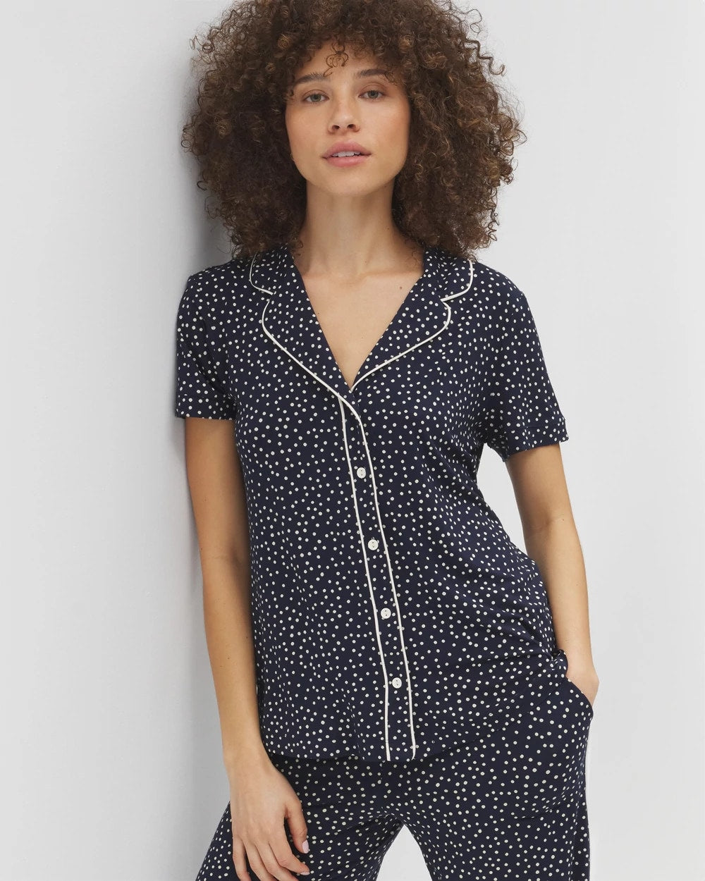 Piped Short Sleeve Notch Collar Pajama Top - DOT OBSESSED NAVY | Soma Women