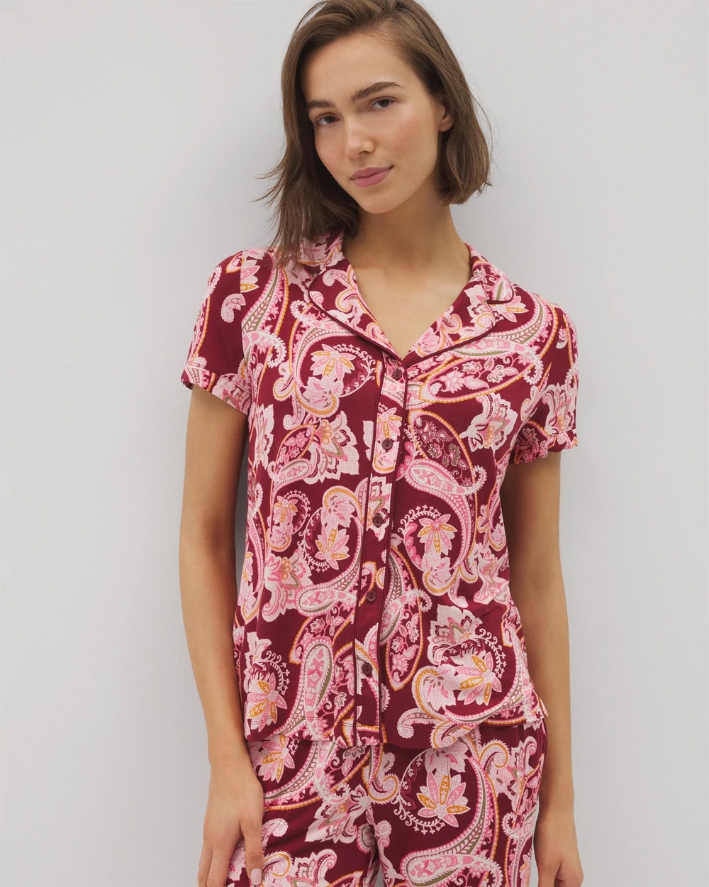 Piped Short Sleeve Notch Collar Pajama Top - KASHMIR PAISLEY KISS | Soma Women