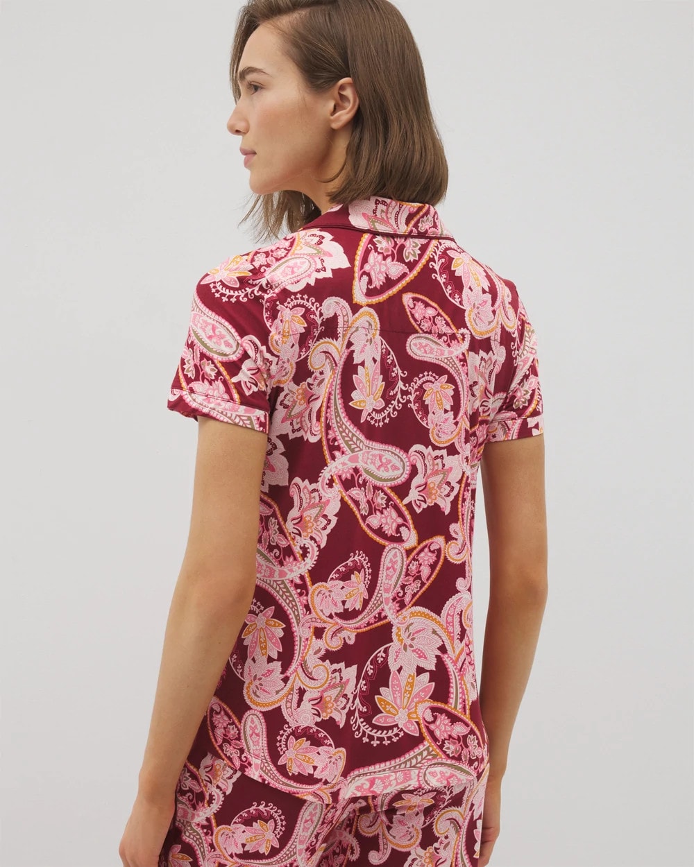 Piped Short Sleeve Notch Collar Pajama Top - KASHMIR PAISLEY KISS | Soma Women