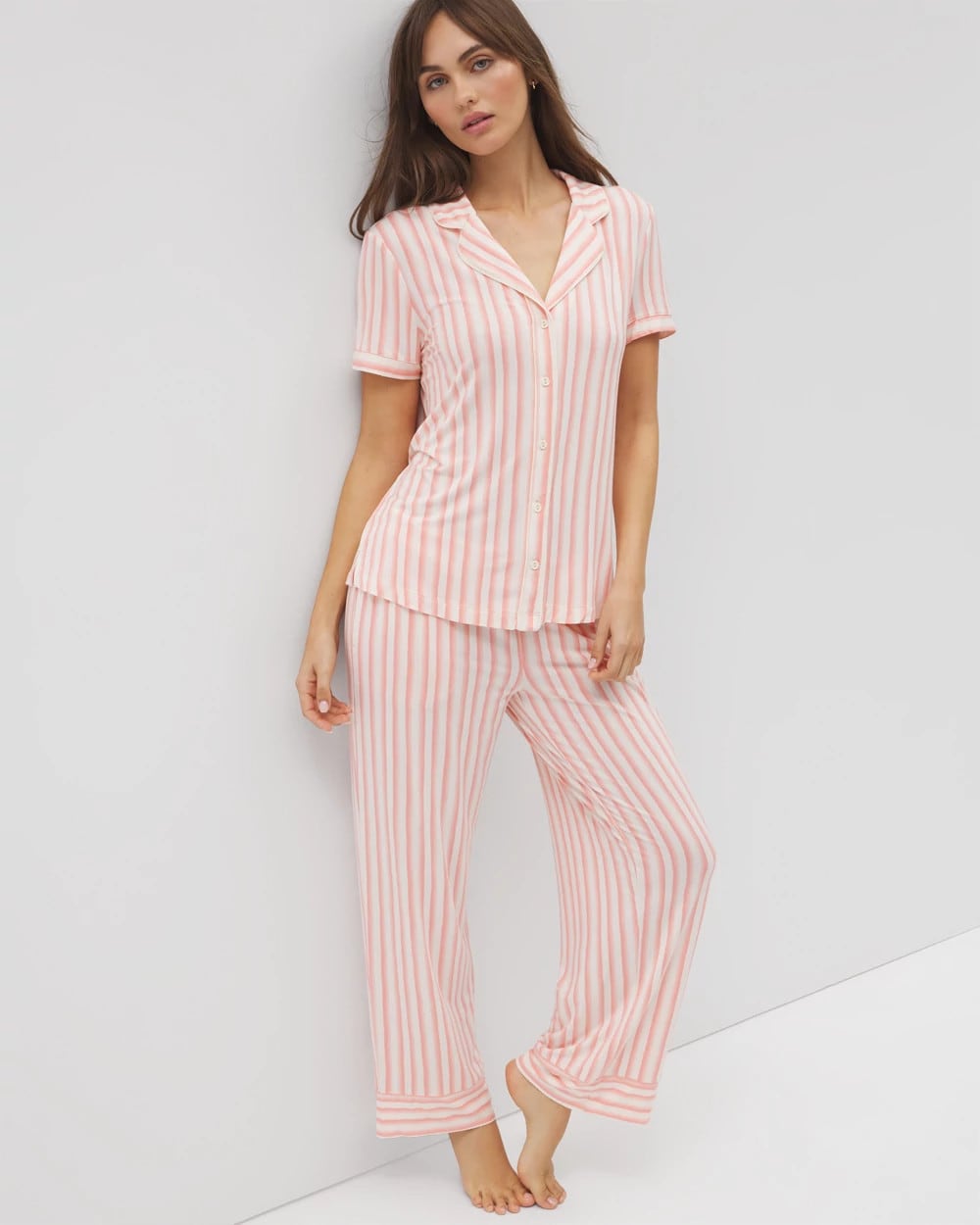 Piped Short Sleeve Notch Collar Pajama Top - SUNNY STRIPES CHAMPAGNE | Soma Women
