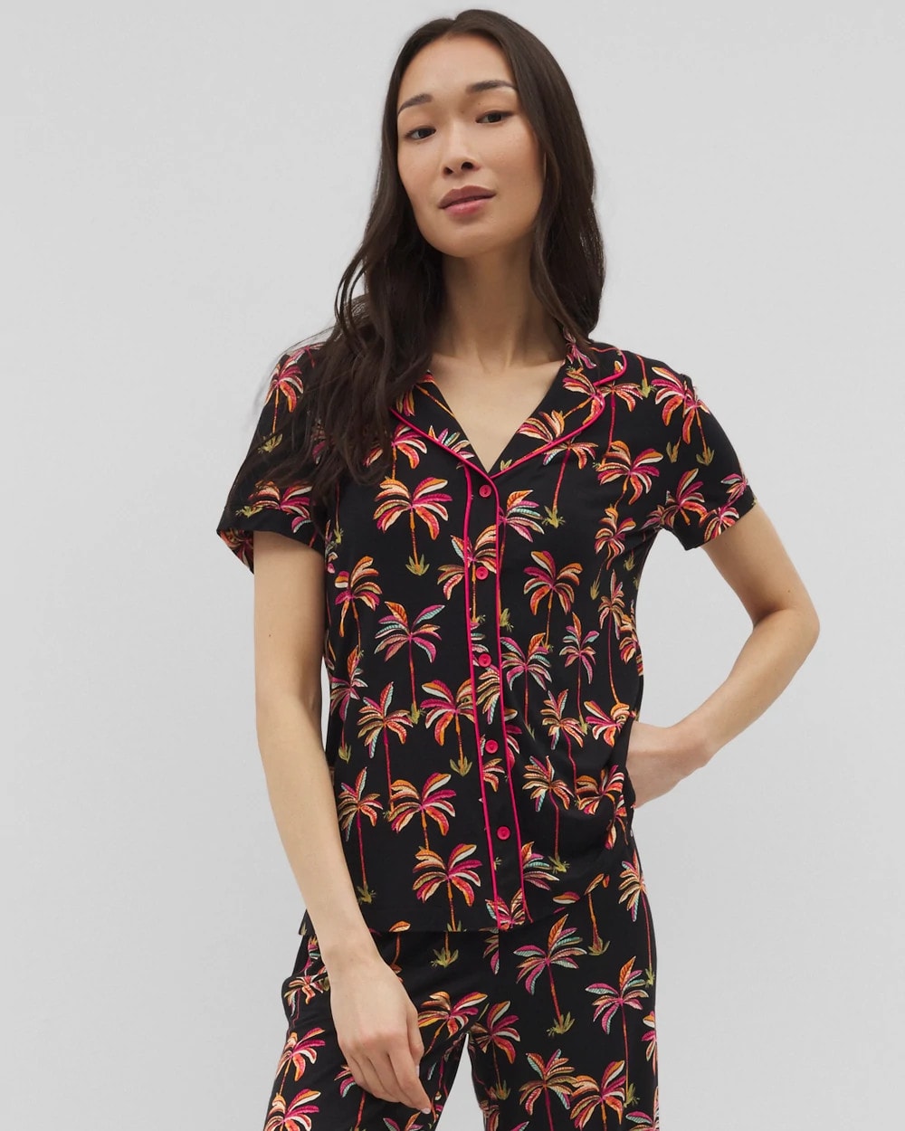 Piped Short Sleeve Notch Collar Pajama Top - SHAKE YOUR PALM PALMS BLK | Soma Women