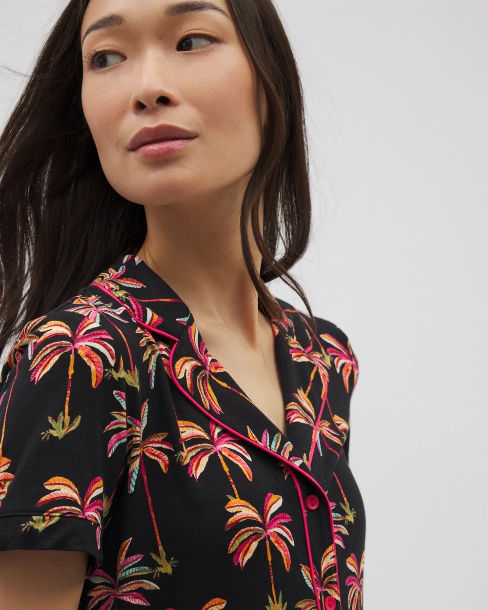 Piped Short Sleeve Notch Collar Pajama Top - SHAKE YOUR PALM PALMS BLK | Soma Women