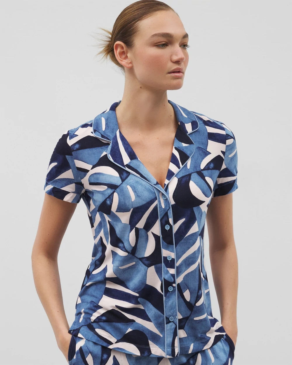 Piped Short Sleeve Notch Collar Pajama Top - TROPICAL BREEZE SKY | Soma Women
