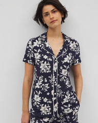 Piped Short Sleeve Notch Collar Pajama Top - PLUMERIA DREAM NAVY | Soma Women