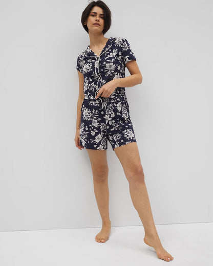 Piped Short Sleeve Notch Collar Pajama Top - PLUMERIA DREAM NAVY | Soma Women