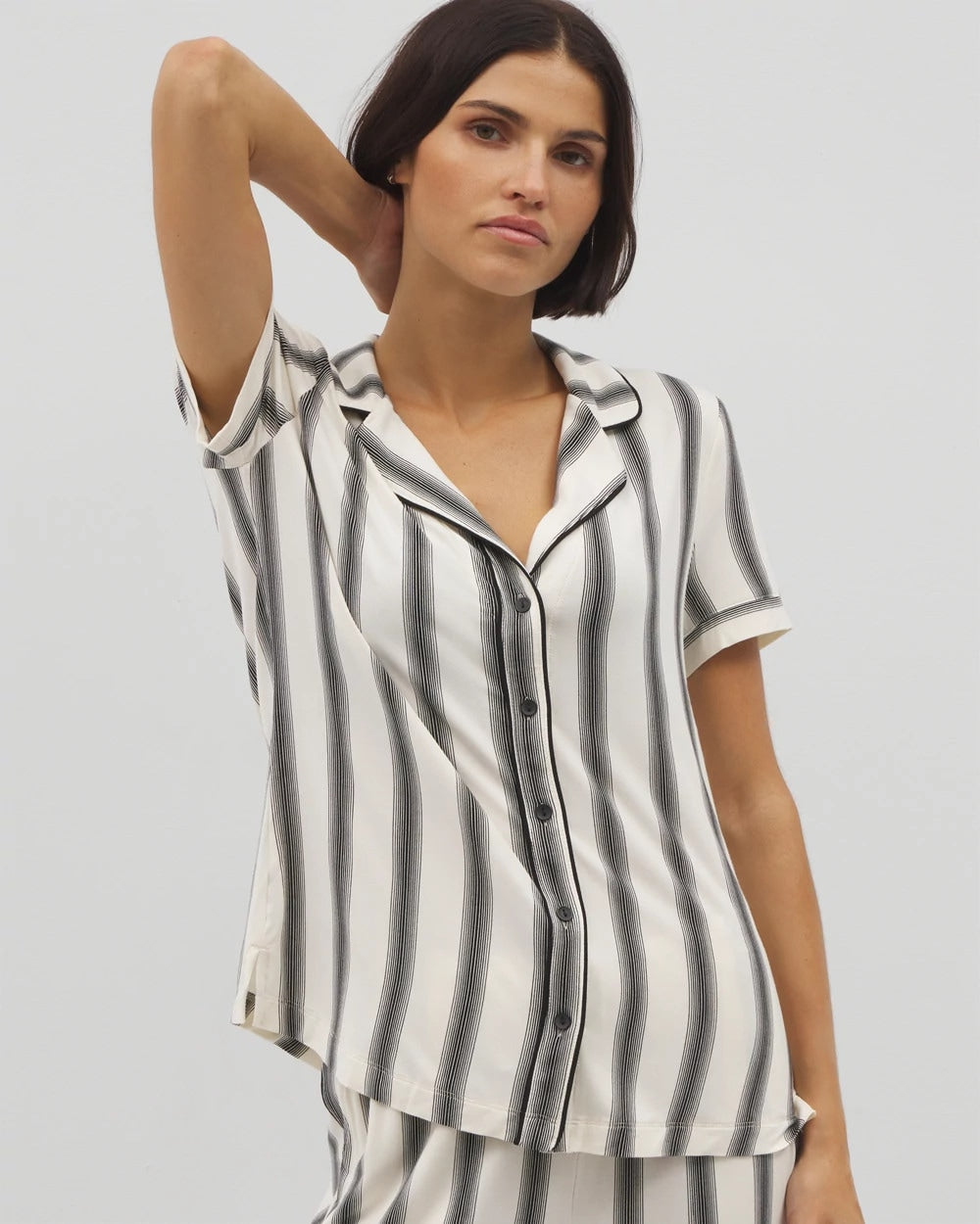 Piped Short Sleeve Notch Collar Pajama Top - HAMPTON STRIPE BLACK | Soma Women