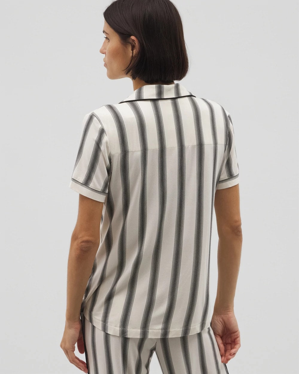 Piped Short Sleeve Notch Collar Pajama Top - HAMPTON STRIPE BLACK | Soma Women