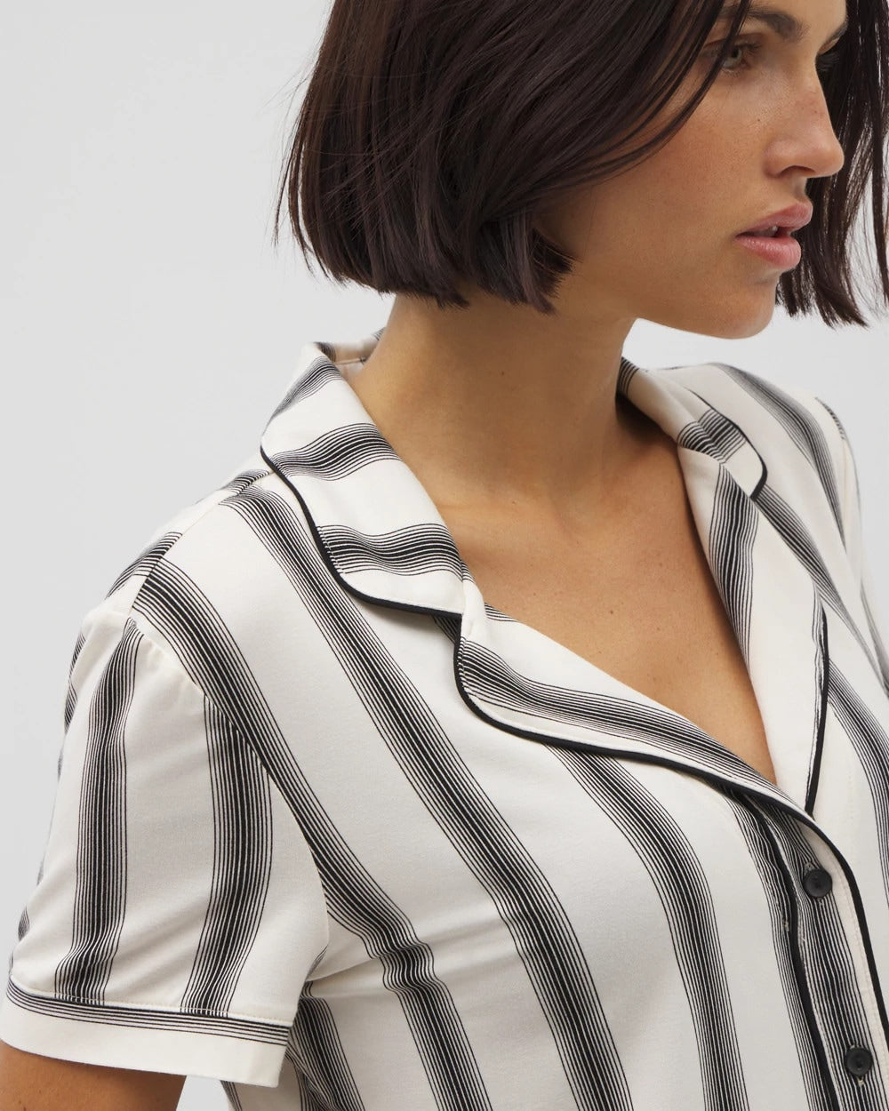 Piped Short Sleeve Notch Collar Pajama Top - HAMPTON STRIPE BLACK | Soma Women