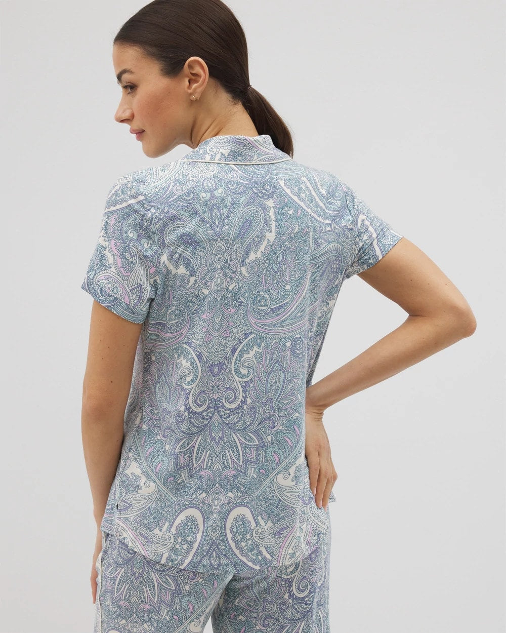 Piped Short Sleeve Notch Collar Pajama Top - GLOBAL PAISLEY GRAND C | Soma Women