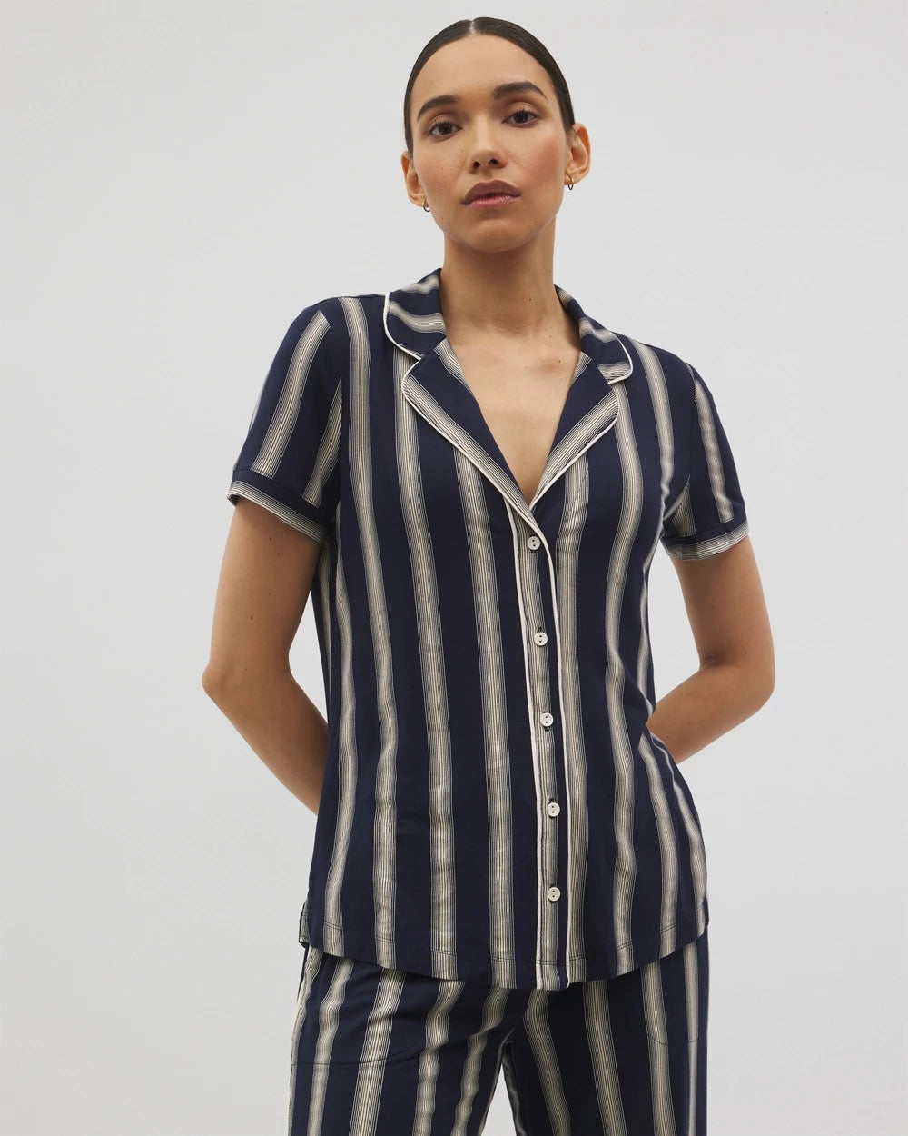 Piped Short Sleeve Notch Collar Pajama Top - HAMPTON STRIPE NA CHAMP | Soma Women