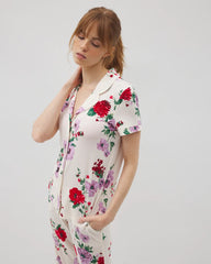Piped Short Sleeve Notch Collar Pajama Top - RHAPSODY FLORAL SUGAR | Soma Women