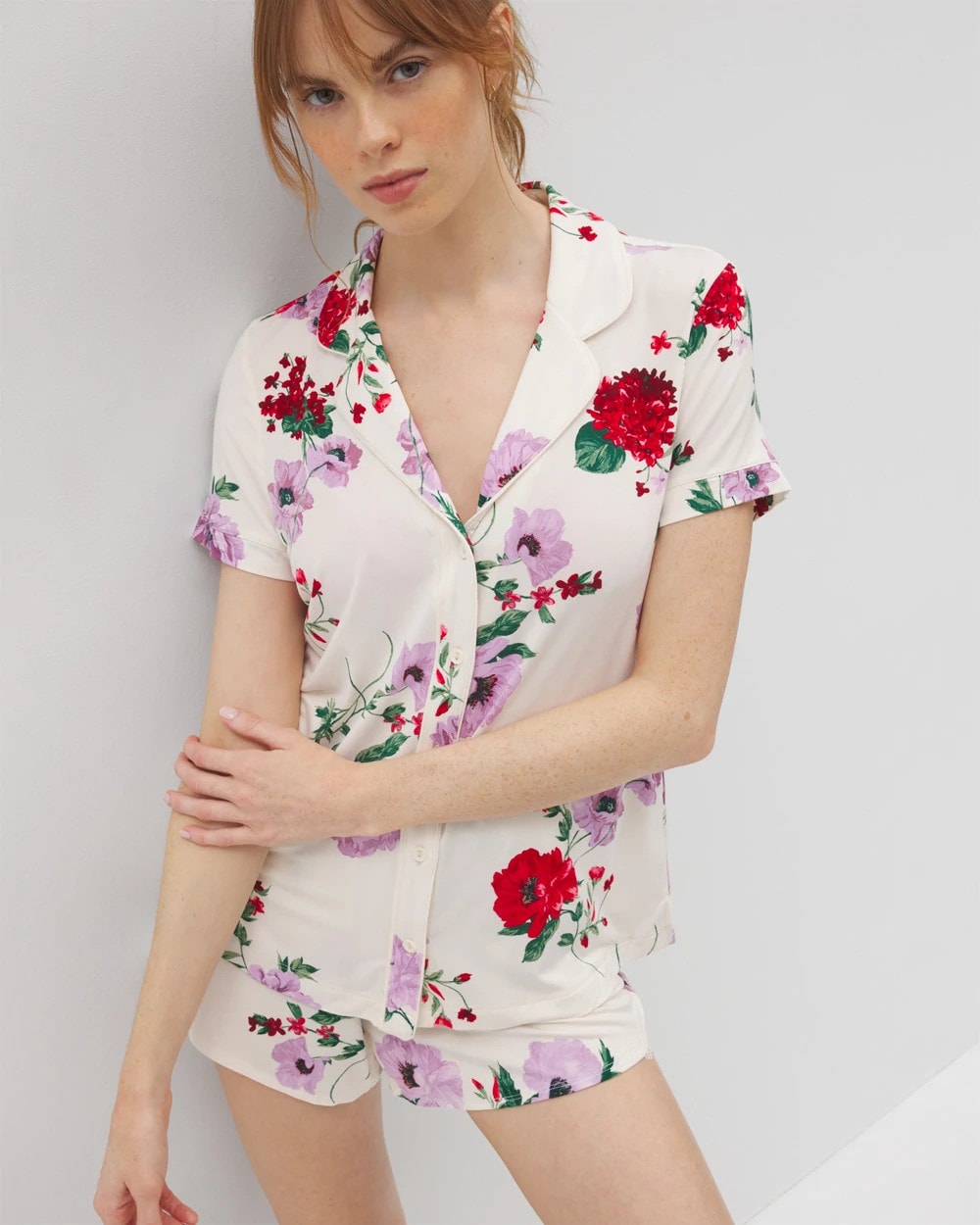 Piped Short Sleeve Notch Collar Pajama Top - RHAPSODY FLORAL SUGAR | Soma Women