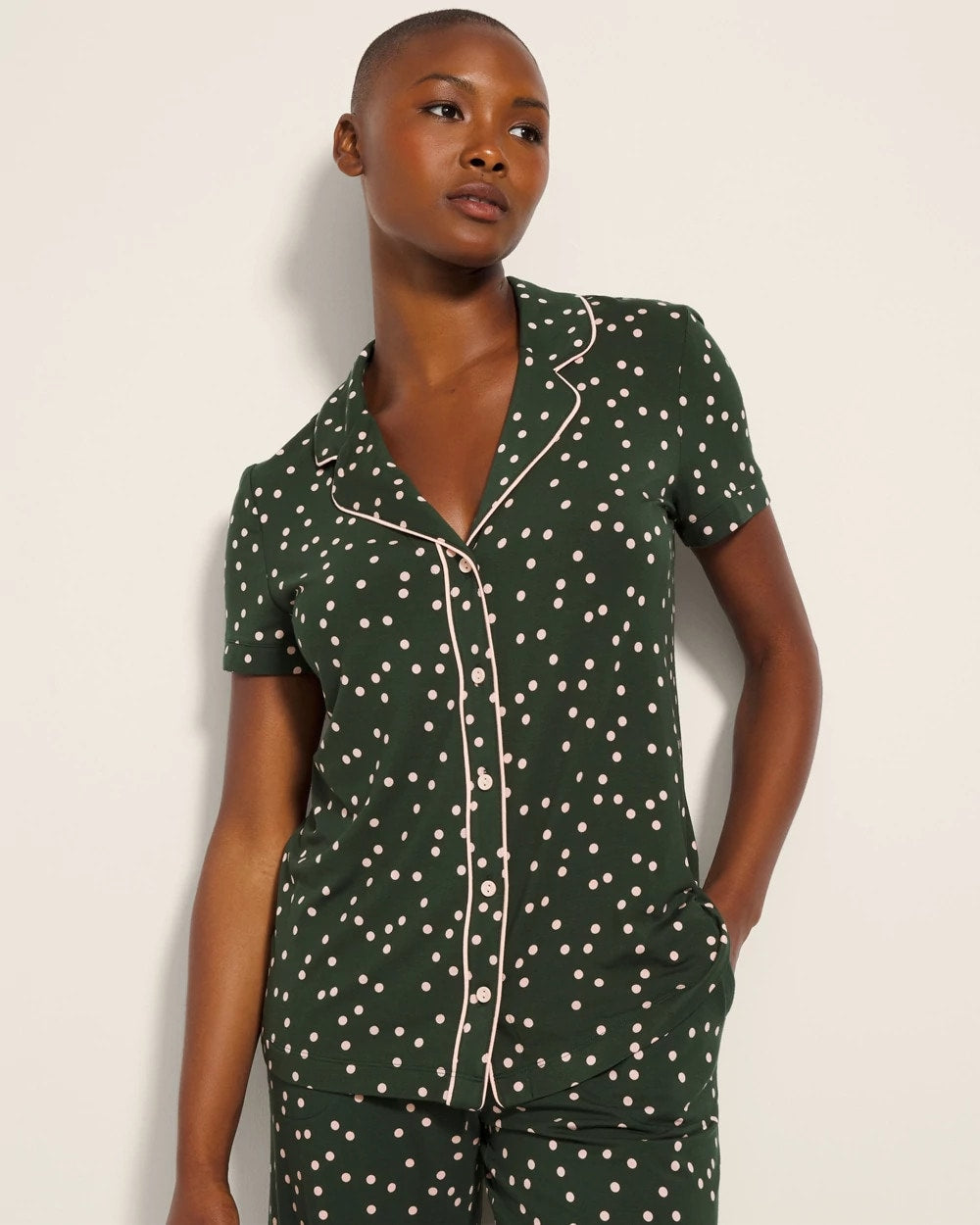 Piped Short Sleeve Notch Collar Pajama Top - MERRY DOT LUSH EMERALD | Soma Women