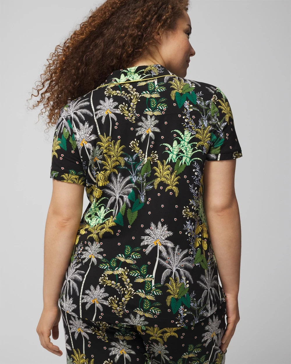 Piped Short Sleeve Notch Collar Pajama Top - OASIS PALMS BLACK/WS | Soma Women