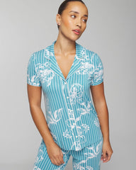 Piped Short Sleeve Notch Collar Pajama Top - PAINTED PETALS SMALL | Soma Women