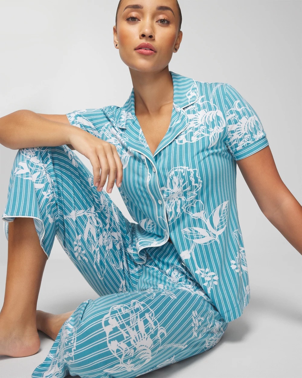Piped Short Sleeve Notch Collar Pajama Top - PAINTED PETALS SMALL | Soma Women