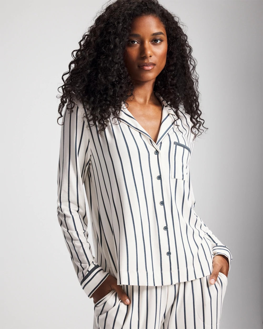 Long-Sleeve Notch Collar Pajama Top - UNWIND STRIPE CHAMPAGNE | Soma Women
