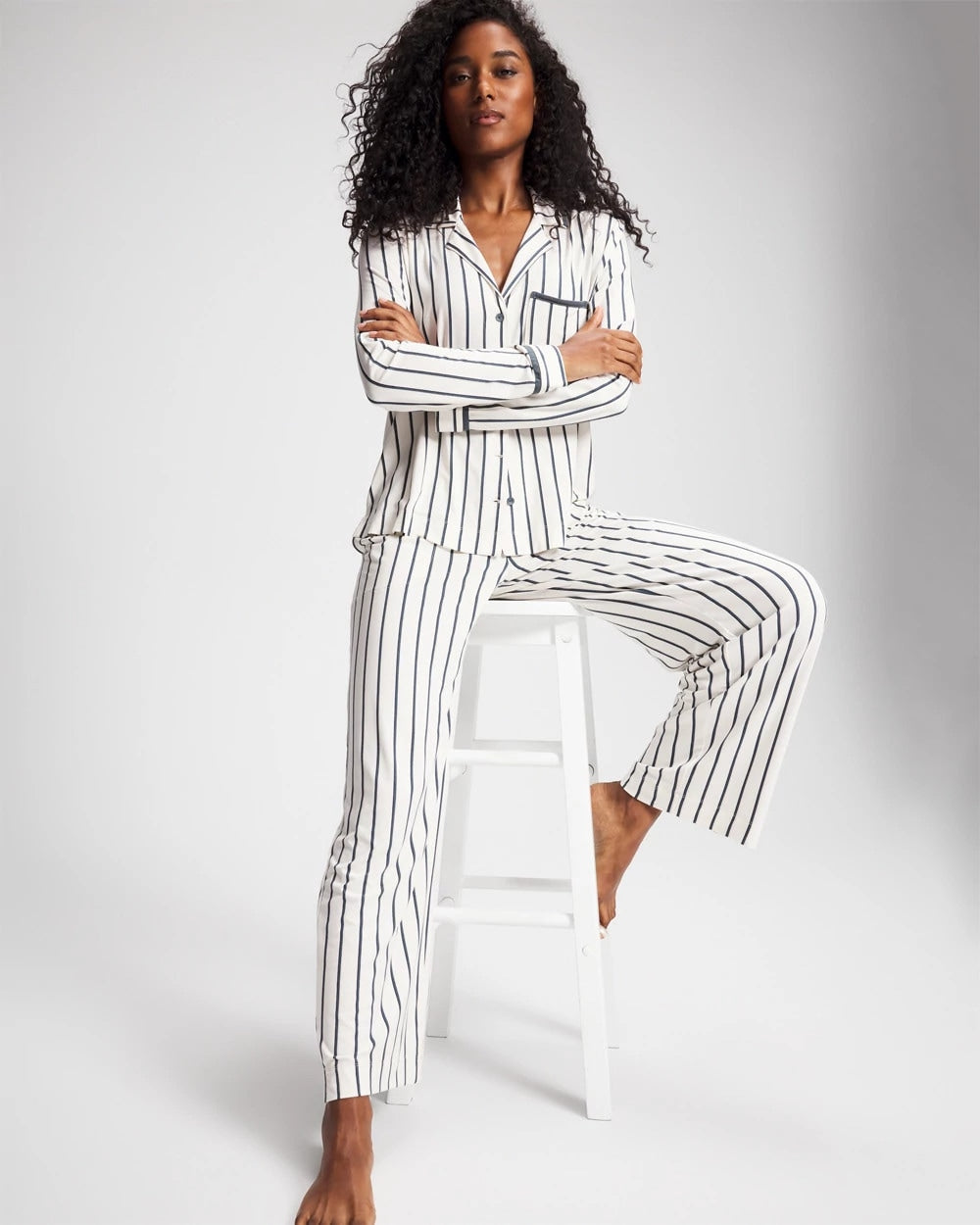 Long-Sleeve Notch Collar Pajama Top - UNWIND STRIPE CHAMPAGNE | Soma Women