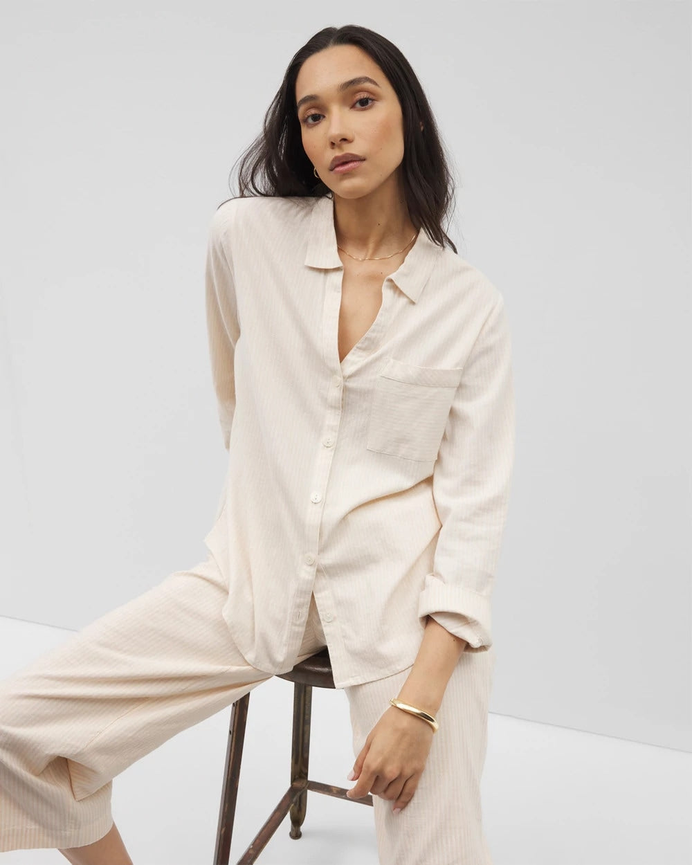 Beach Cotton Long Sleeve Button-Up - PALE SAND STRIPE | Soma Women
