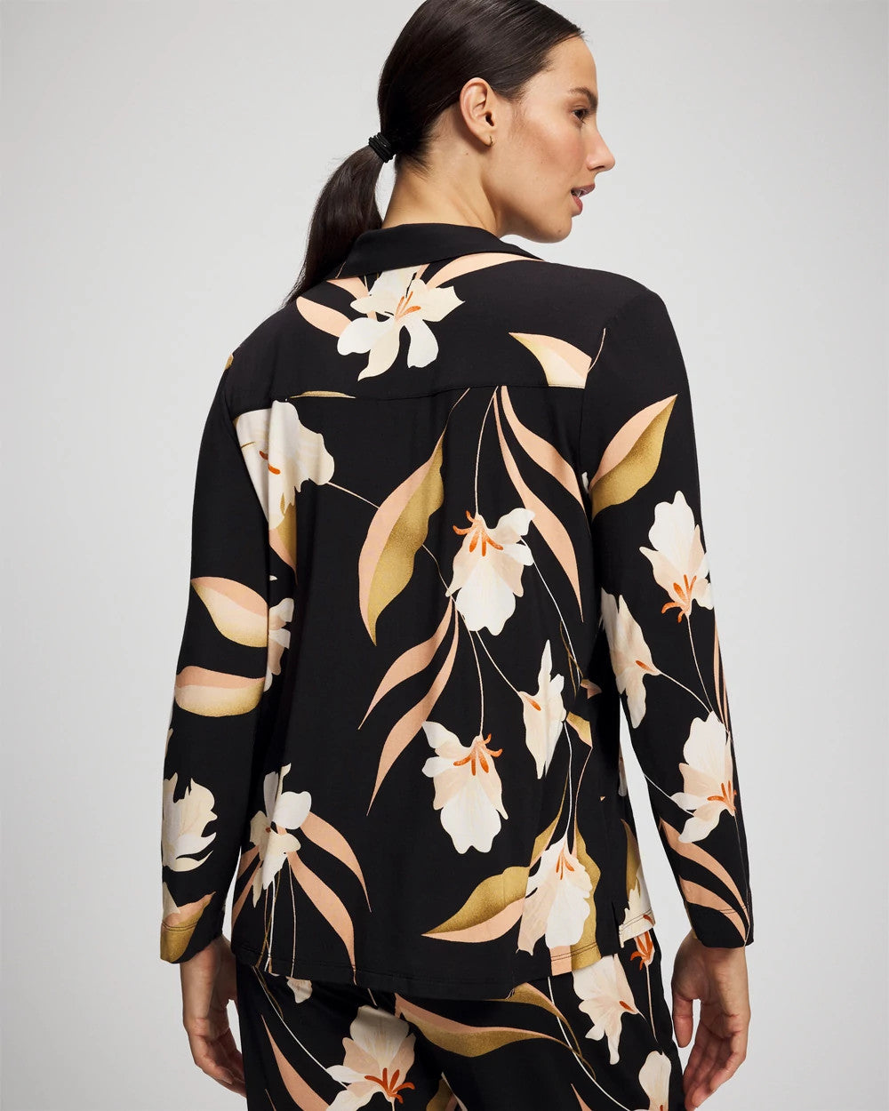 Long-Sleeve Notch Collar Pajama Top - MYSTIC BLOOMS BLACK MID | Soma Women