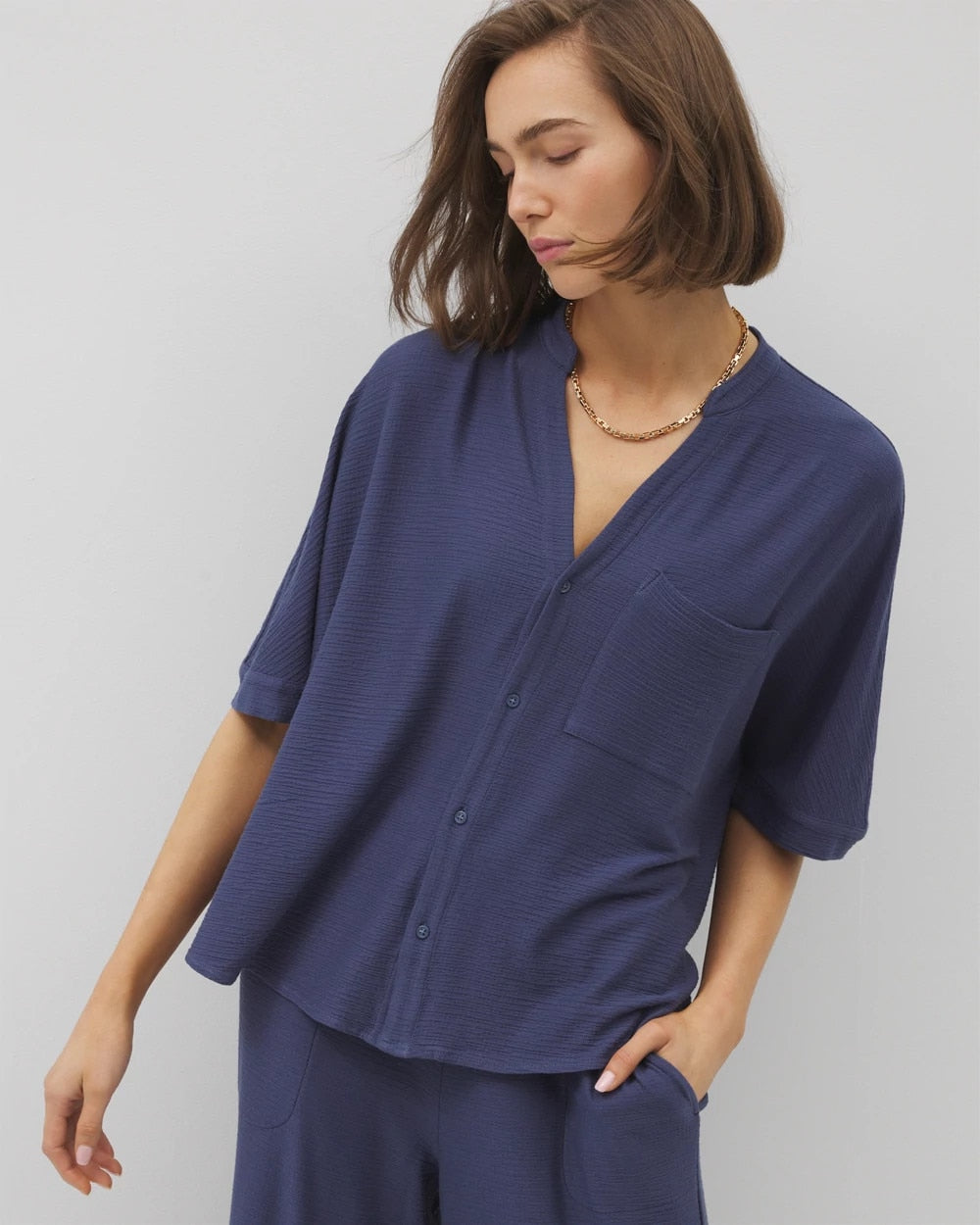 Crinkle Knit Relaxed Button-Up Top - LUNAR TIDE | Soma Women