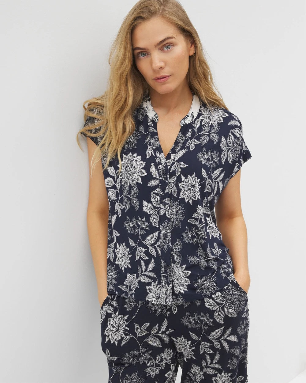 Mandarin Collar Short Sleeve Pajama Top - MEANDERING GARDEN NAVY | Soma Women