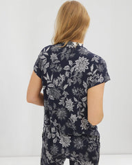 Mandarin Collar Short Sleeve Pajama Top - MEANDERING GARDEN NAVY | Soma Women