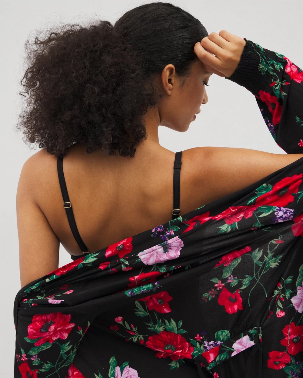 Long-Sleeve Short Robe - RHAPSODY FLORA BLACK | Soma Women