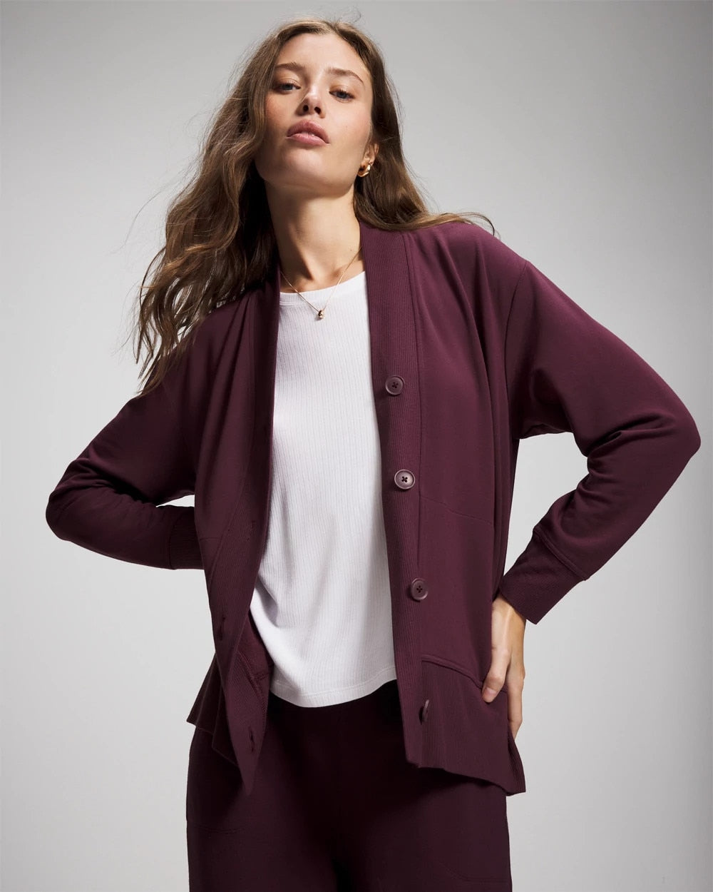 Ultrasoft Fleece Relaxed Button Up Cardigan - MERLOT | Soma Women