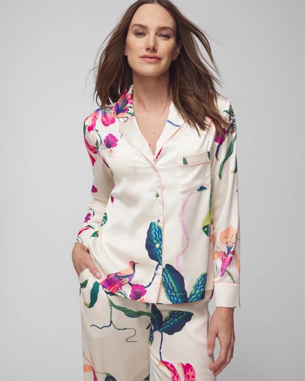 Long-Sleeve Notch Collar Pajama Top - PARADISE SOIREE WHITE SK | Soma Women