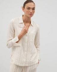 Cotton Gauze Long Sleeve Notch Collar Pajama Top - CHAMPAGNE STRIPE | Soma Women