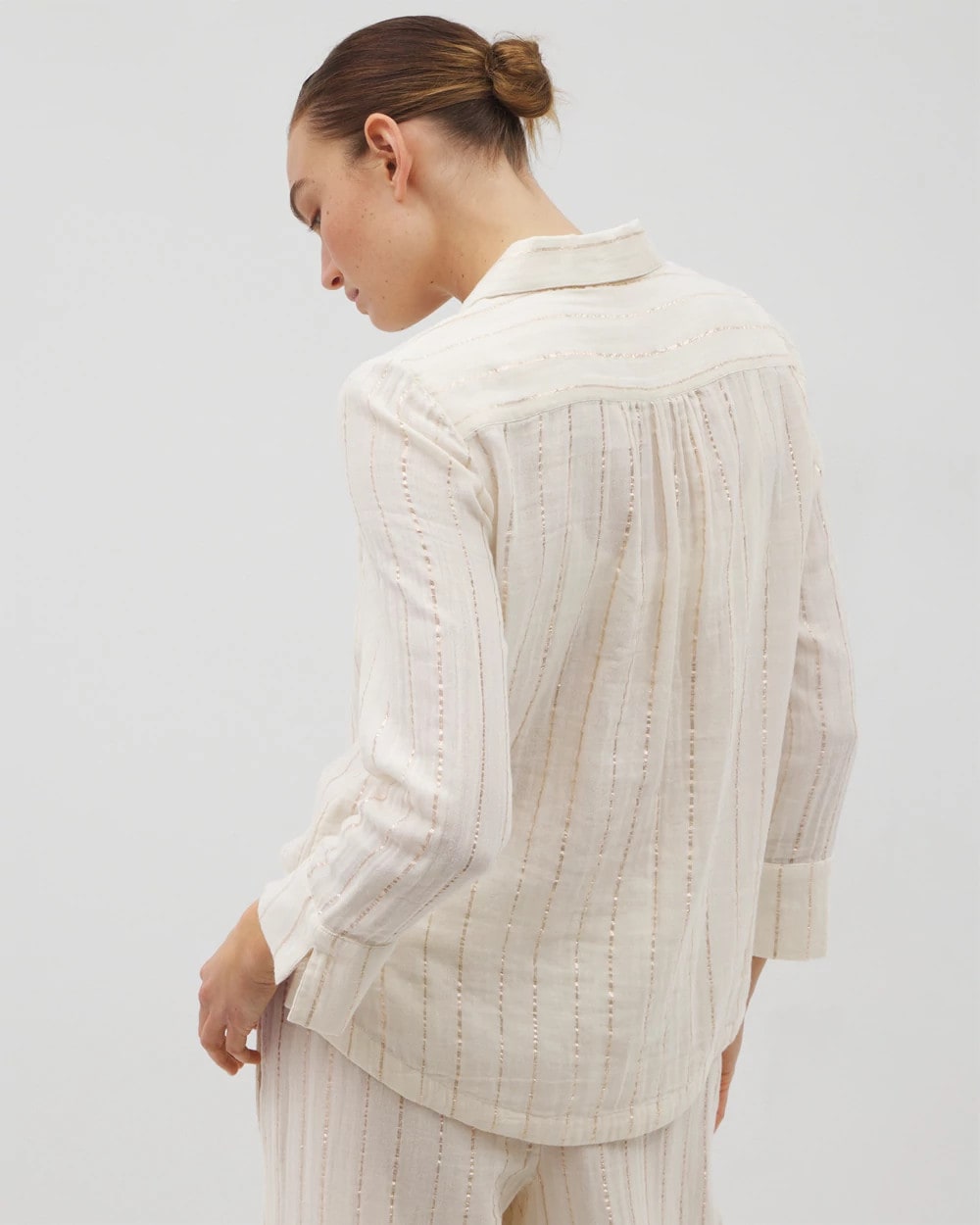Cotton Gauze Long Sleeve Notch Collar Pajama Top - CHAMPAGNE STRIPE | Soma Women