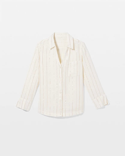 Cotton Gauze Long Sleeve Notch Collar Pajama Top - CHAMPAGNE STRIPE | Soma Women