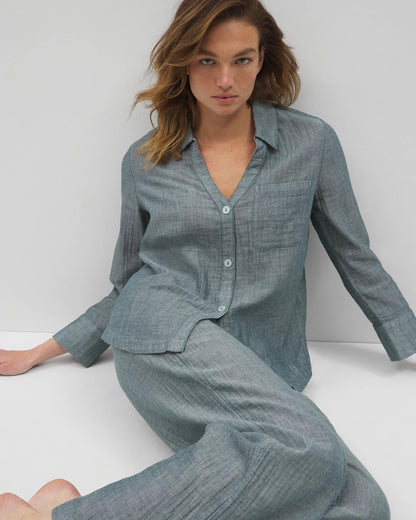 Cotton Gauze Long Sleeve Notch Collar Pajama Top - DARK SEA CROSSDYE | Soma Women