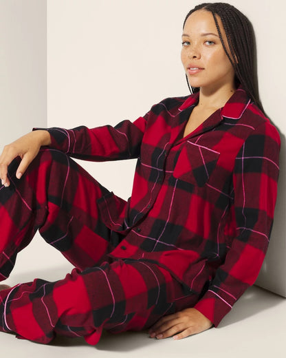 Super Soft Long-Sleeve Notch Collar Pajama Top - WRAPPED UP PLAID RED | Soma Women
