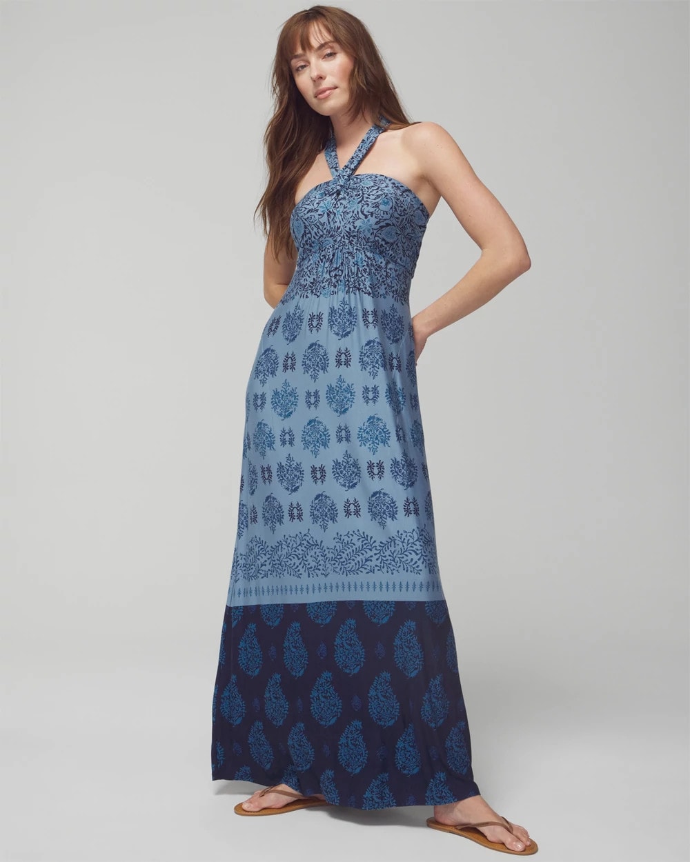 Halter Maxi Bra Dress - BELLA STAMP BORDER BLUE | Soma Women