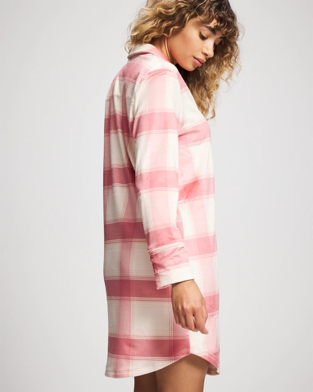 Long-Sleeve Notch Collar Sleepshirt - FROSTED PLAID PINK | Soma Women
