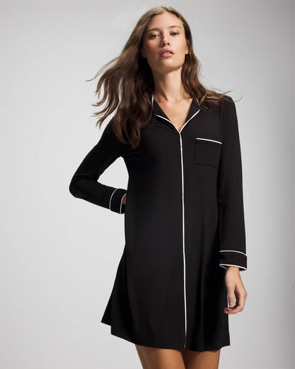 Piped Long-Sleeve Sleepshirt - BLACK | Soma Women