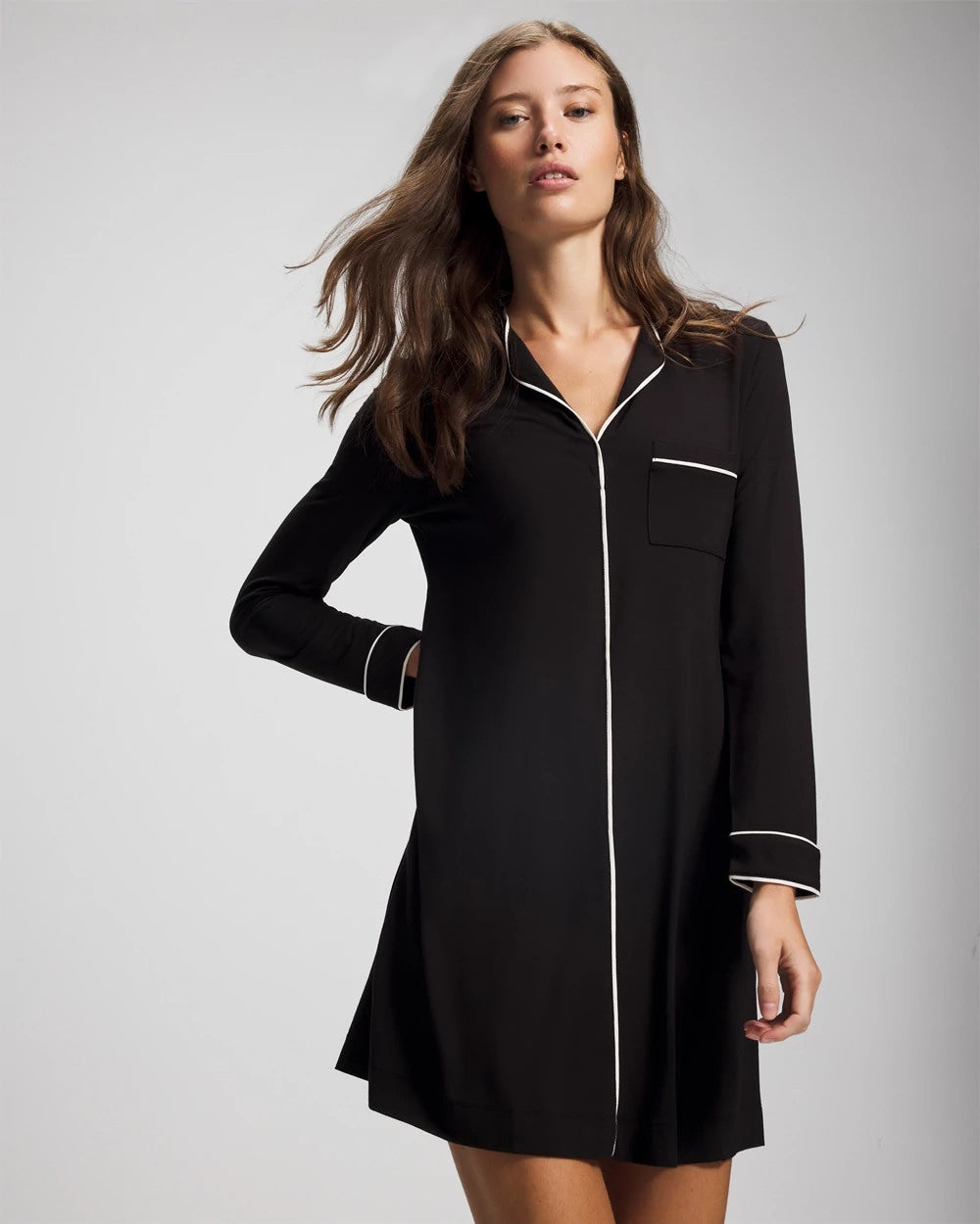Piped Long-Sleeve Sleepshirt - BLACK | Soma Women