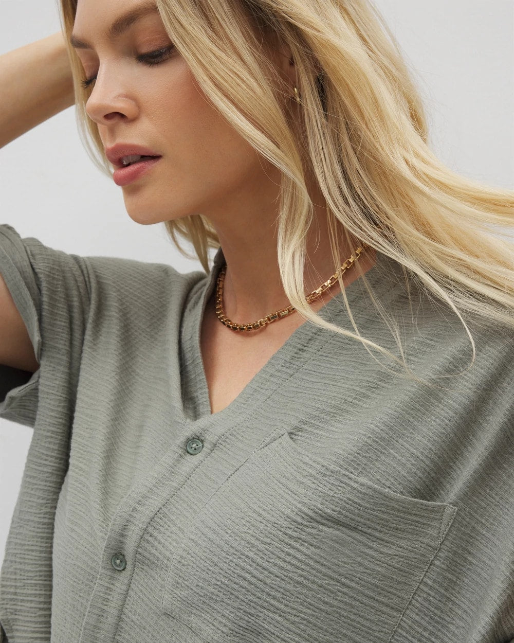 Crinkle Knit Relaxed Button-Up Top - RESTORATION GREEN | Soma Women