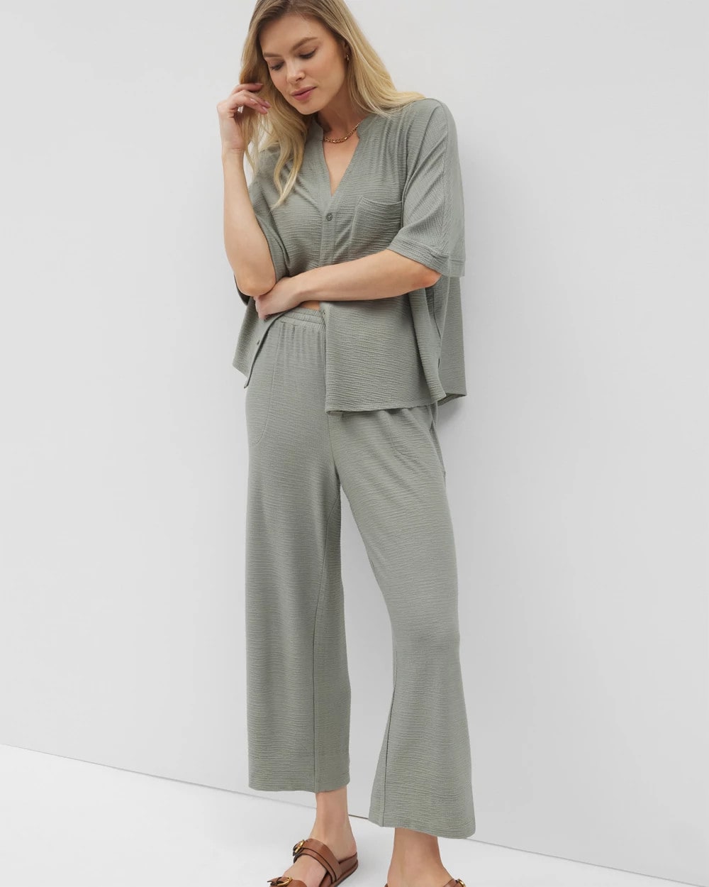 Crinkle Knit Wide Leg Pant - RESTORATION GREEN | Soma Women